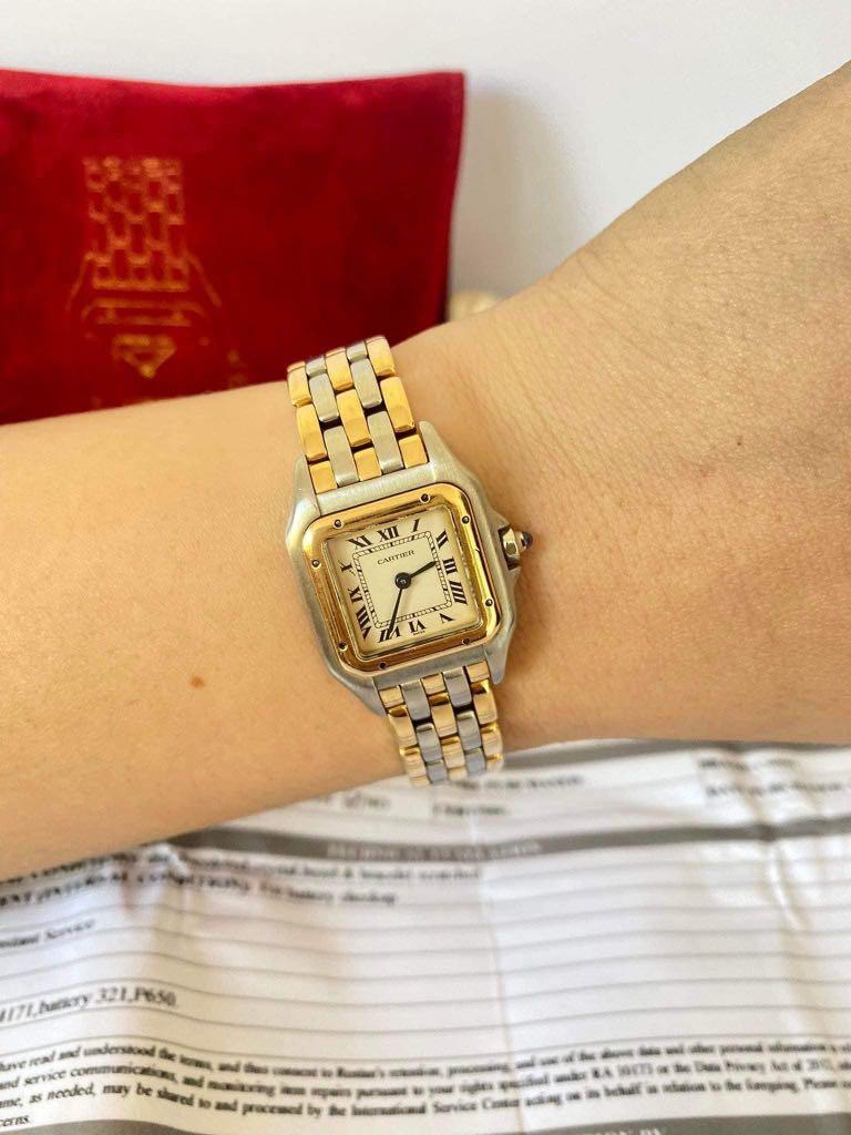 CARTIER WATCH (Category: Luxury Watches) located in Cagayan de Oro. Submitted by moiobsession (Listing ID 1148094226, Image 1). Description: Authentic Cartier Panthère Watch for Women • Real 18k Gold Two tone • Quartz movement • White dial with Roman Numeral • Sapphire crystal • Small to Medium wrist size • Excellent condition • with Certificate and Original pouch 179k .