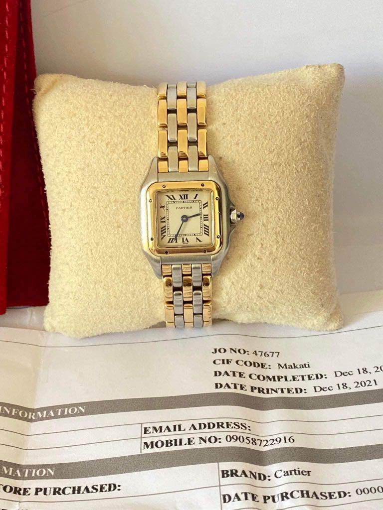 CARTIER WATCH (Category: Luxury Watches) located in Cagayan de Oro. Submitted by moiobsession (Listing ID 1148094226, Image 3). Description: Authentic Cartier Panthère Watch for Women • Real 18k Gold Two tone • Quartz movement • White dial with Roman Numeral • Sapphire crystal • Small to Medium wrist size • Excellent condition • with Certificate and Original pouch 179k .
