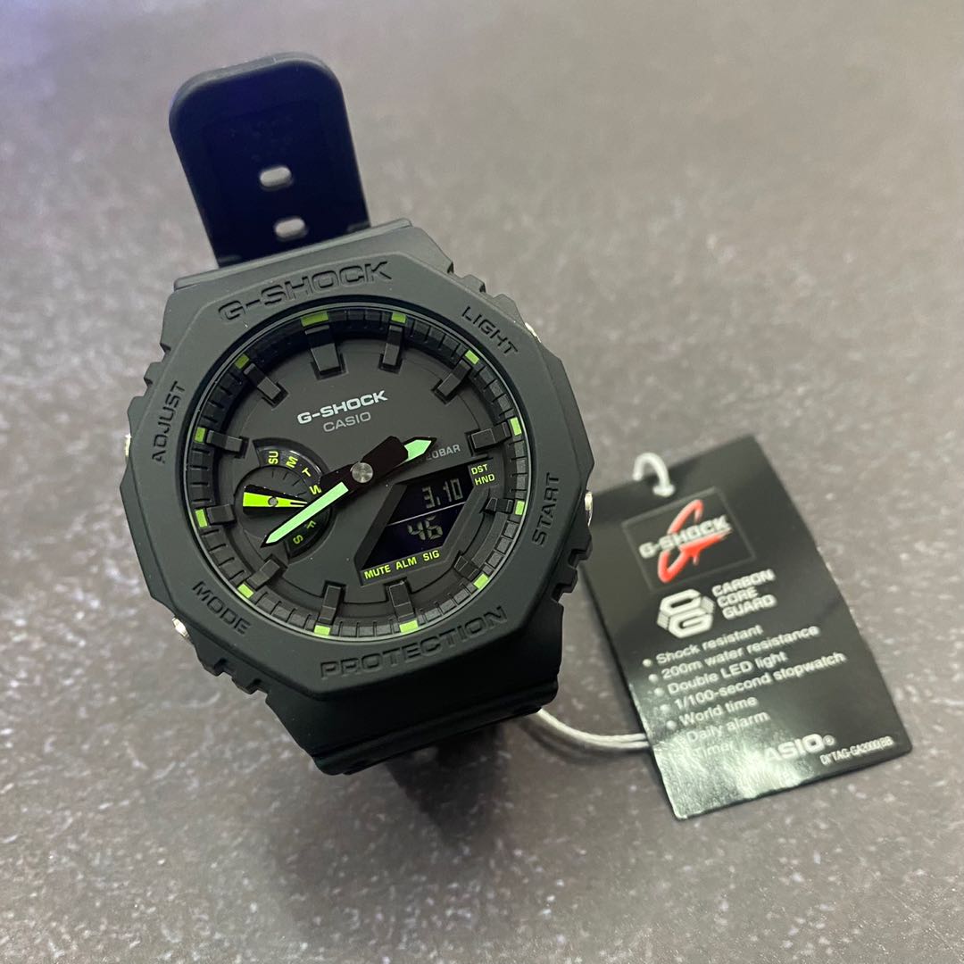 Casio G-shock GA-2100-1A3 全黑色新款綠色針和刻度, 男裝, 手錶及配件