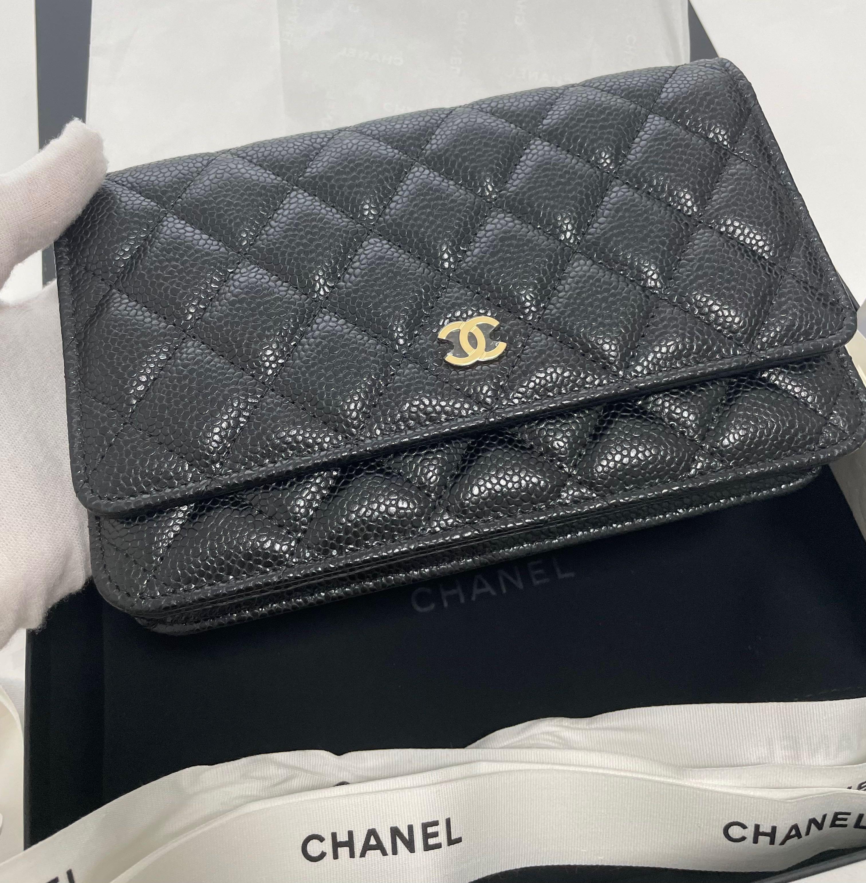 New CHANEL Yellow 22P Caviar Tiny CC Wallet on Chain WOC w/ Receipt