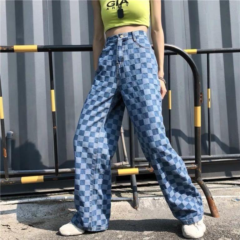 checkered flare wide leg jeans pants Women s Fashion Bottoms