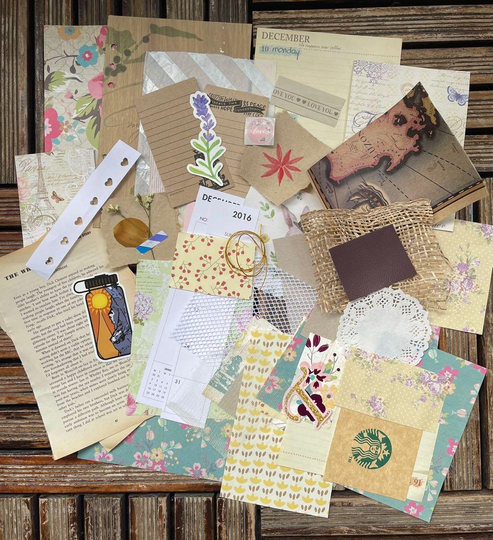 Journaling and Scrapbooking Aesthetic Junk Set (Category: Craft Supplies & Tools) located in Las Pinas. Submitted by kayebee17 (Listing ID 1148227081, Image 2). Description: 50 pieces of random scraps of paper, dried pressed flowers and leaves, tanned book pages, ribbons, tulle fabric scraps, lace, sinamay, doily, stickers, etc. .