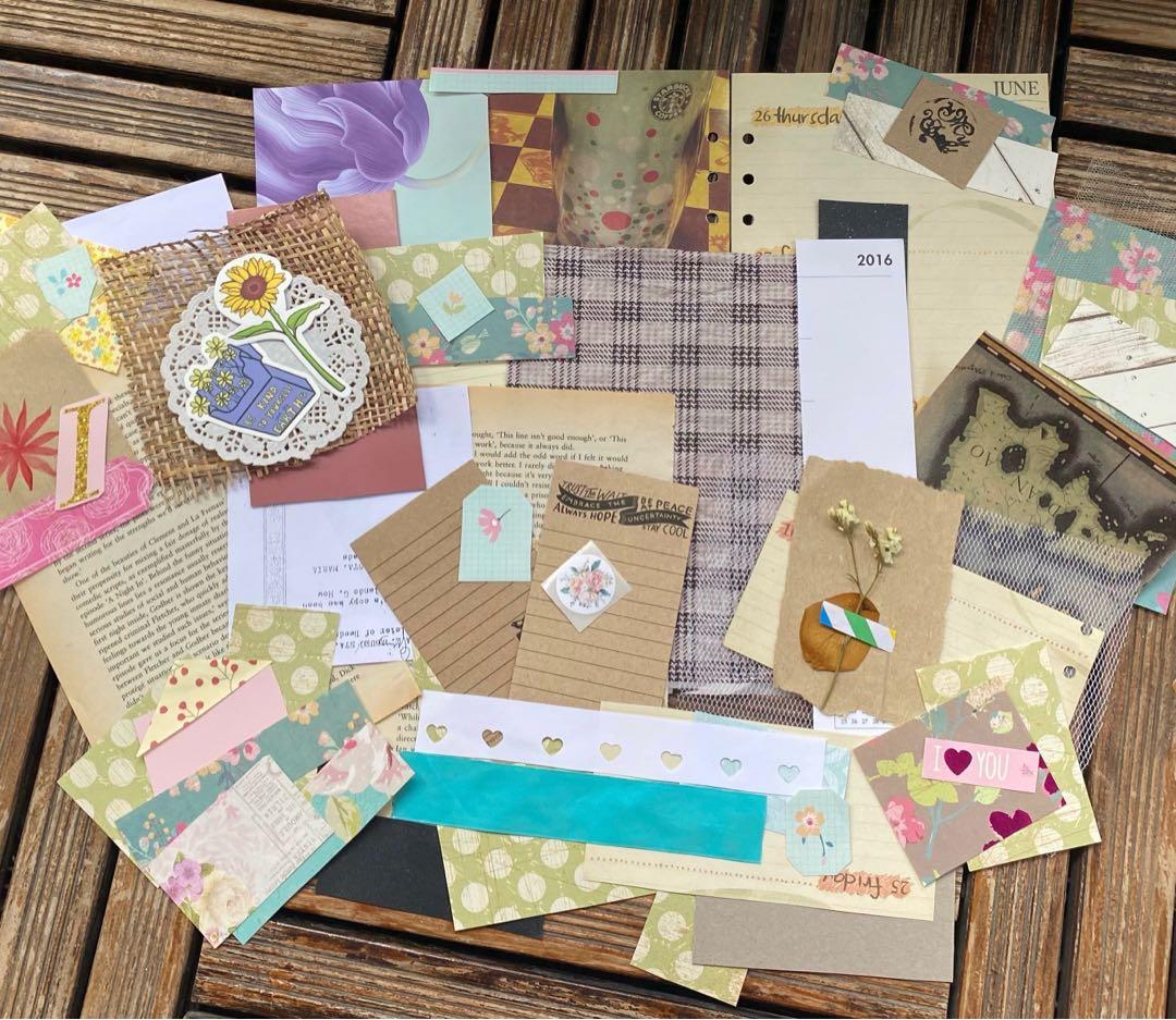 Journaling and Scrapbooking Aesthetic Junk Set (Category: Craft Supplies & Tools) located in Las Pinas. Submitted by kayebee17 (Listing ID 1148227081, Image 3). Description: 50 pieces of random scraps of paper, dried pressed flowers and leaves, tanned book pages, ribbons, tulle fabric scraps, lace, sinamay, doily, stickers, etc. .