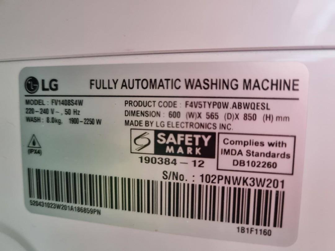 LG Front Load Washer 8kg FV1408S4W, TV & Home Appliances, Washing