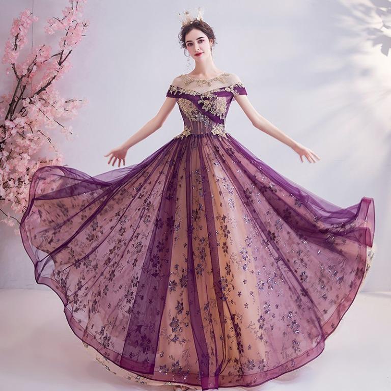 Pre order purple gold glitter wedding bridal prom evening dress gown RBP1726