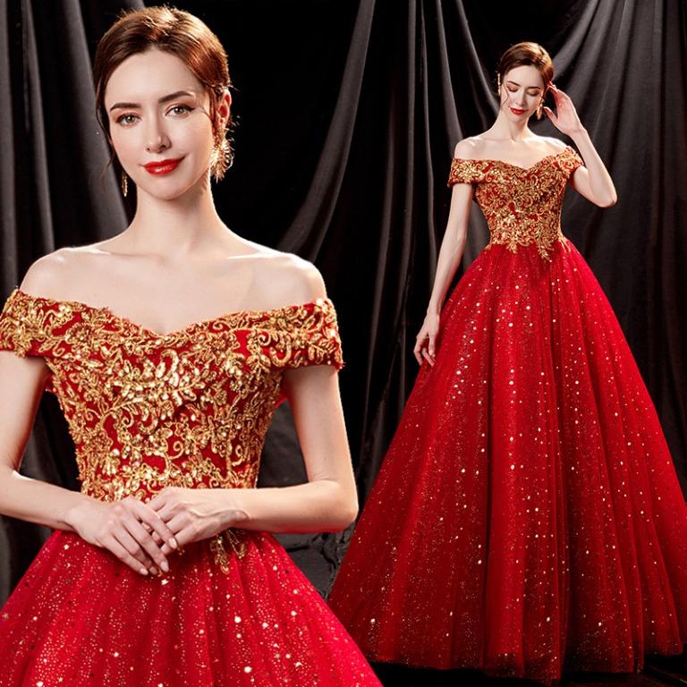 Red and gold evening dress shop