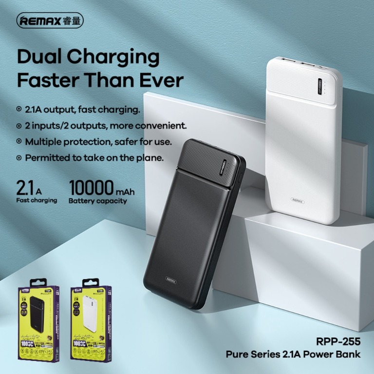 REMAX RPP-255 Pure Series 2.1A 10000mAh Power Bank Portable Charger ...