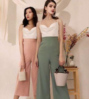 The Style Soiree - Crowl Neck Jumpsuit in White-Sage Green