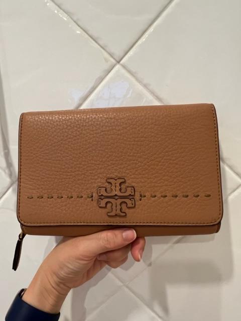 TORY BURCH McGraw Flat Wallet Crossbody Pebbled leather in Tan AUTHENTIC GENUINE