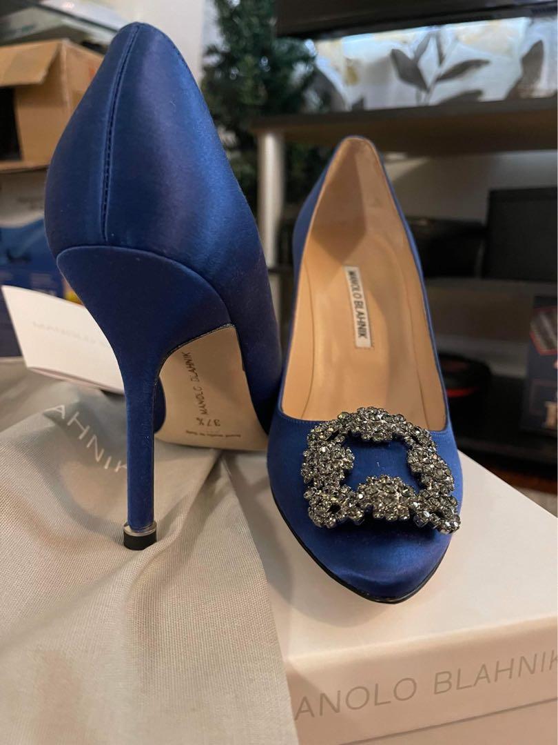 Brand New Manolo Blahnik Hangisi Blue Satin Jewel Buckle Pumps