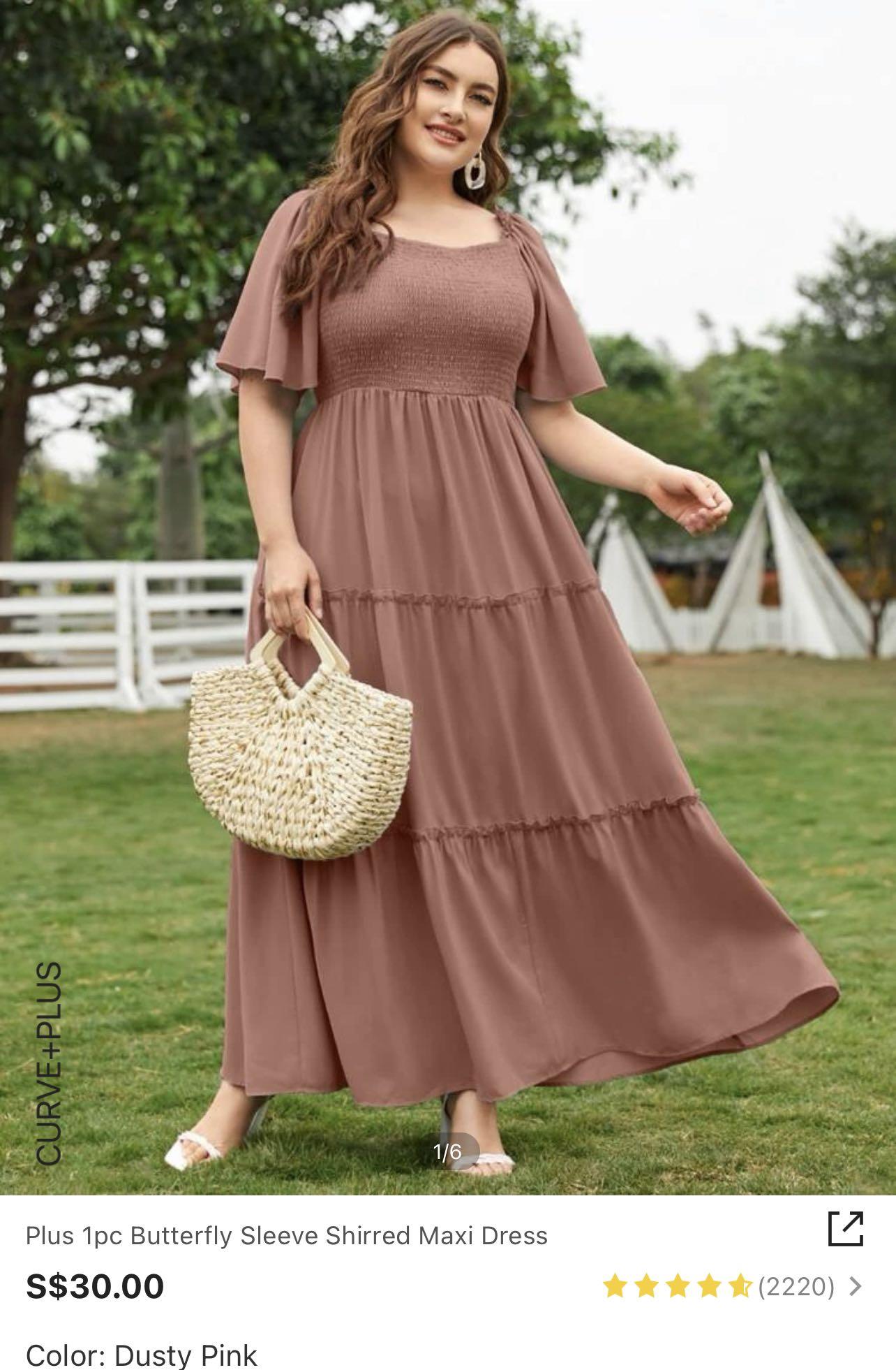 Plus 1pc Butterfly Sleeve Shirred Maxi Dress  Maxi dress, Plus size maxi  dresses, Plus size summer dresses