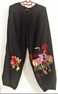 Cotton Amour Cotton Elastic Loose Long Pants - Black with Emboidery (Free Size)