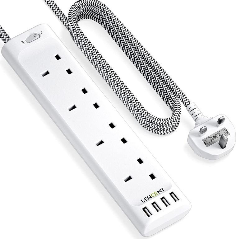 H3207 LENCENT Extension Lead with USB Slots, 4 Way Outlets Power Strip