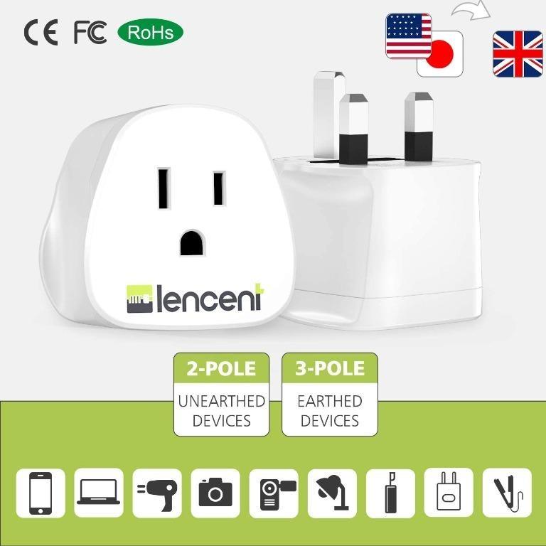 US To UK Plug Adapter - 2/3 Pin USA To 3 Pin UK - Type G - White (1 Pack)