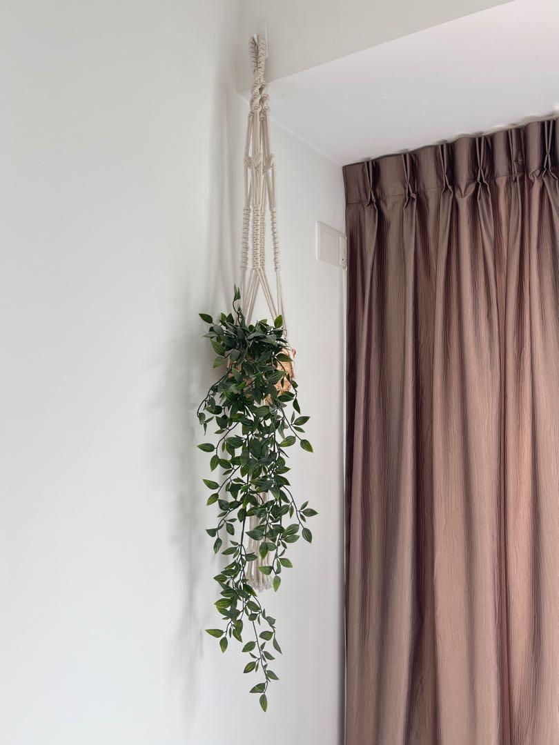 Hanging fake plant + macrame planter included, Furniture & Home Living