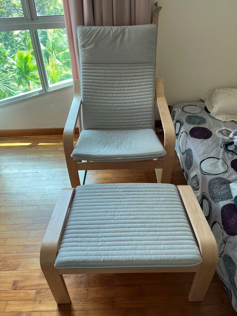 IKEA POANG Armchair with footstool cushions, birch veneer/knisa