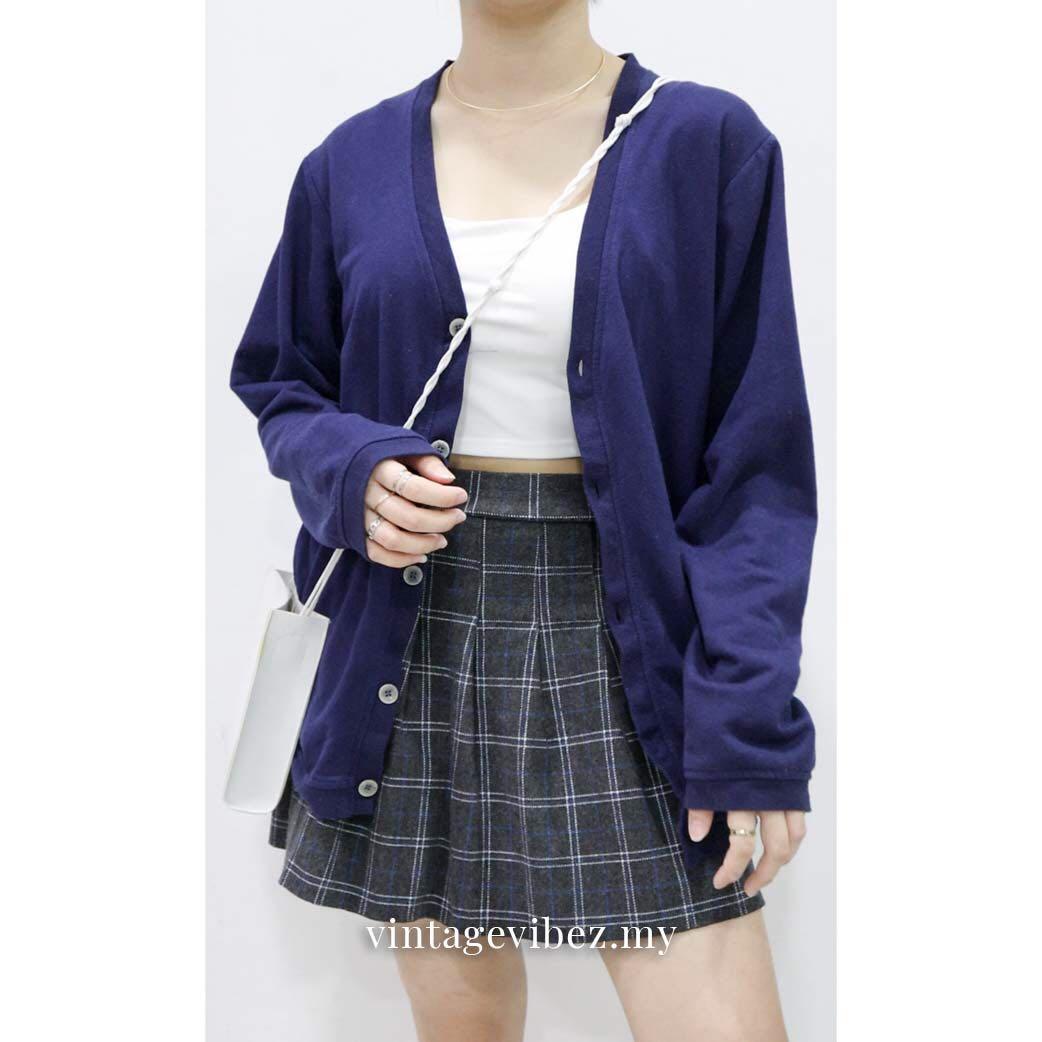 Navy Blue Cardigan Grey Blue Checkered Pleated Skirt Combo