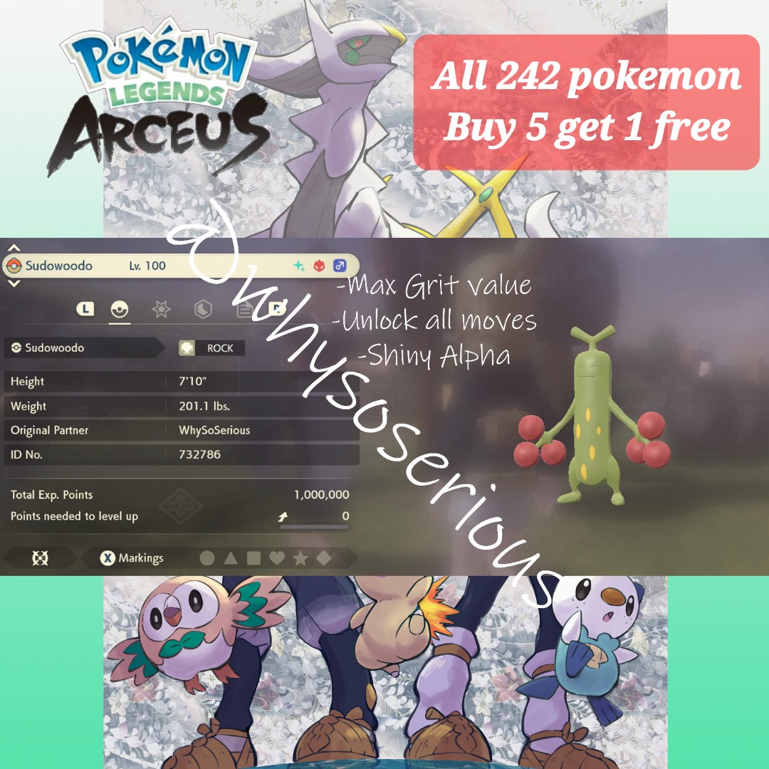 Pokemon Legends of Arceus, Shiny Alpha Sudowoodo, Max potential, Video  Gaming, Video Games, Nintendo on Carousell