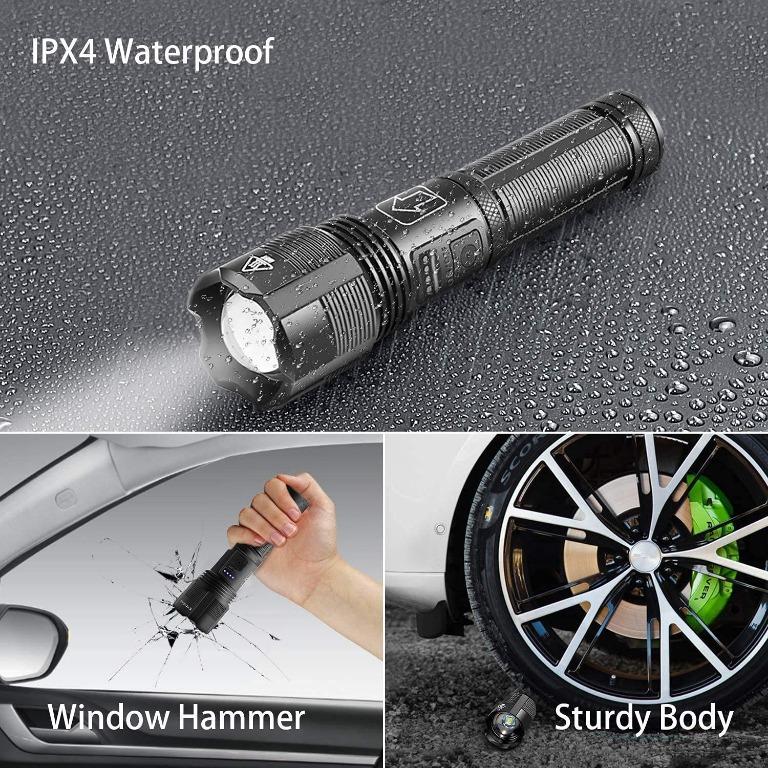 Spurtar Solar Flashlights Rechargeable Waterproof Solar Powered Flashlight  Super Bright Tactical Patriot Torch Emergency Flashlights for Car Hammer