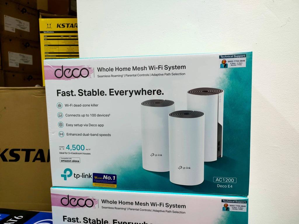 Tp-Link Deco E4 (3pack) Whole Home WIFI Mesh (Category: Networking) located in Pasig City. Submitted by fjEgangan (Listing ID 1148300575, Image 1). Description: Tp-Link Deco E4 (3pack) Whole Home WIFI Mesh 💰💰FOR ONLY 4950.00💰💰 💯 Brand new and original 💯 English version 💯 Sealed 💯 Authorized Dealer 💯 7days replacement if defective 💯 1year warranty 💯 Open for bulk orders to avail more discounts! Available same day delivery.. (except sund