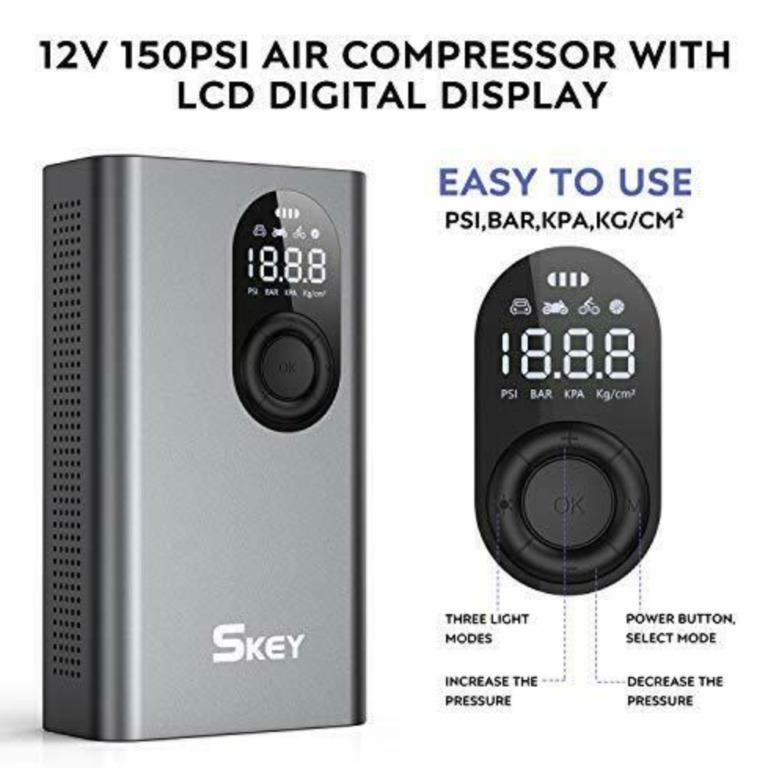 1513 SKEY Car Mini Tyre Inflator 150 PSI Cordless Air Compressor Rechargeable with 2400mAh Li ion Battery LED Light Digital LCD Screen Tyre Pump for