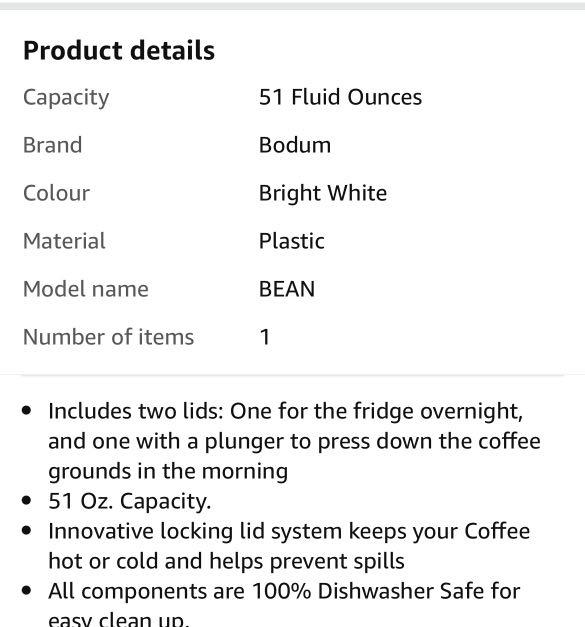 bodum Bean Cold Brew Coffee Maker, 51 Oz, Bright White