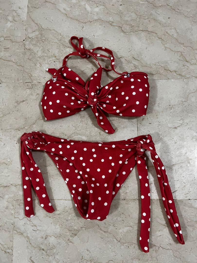 Red and white polka dot high waisted bikini top