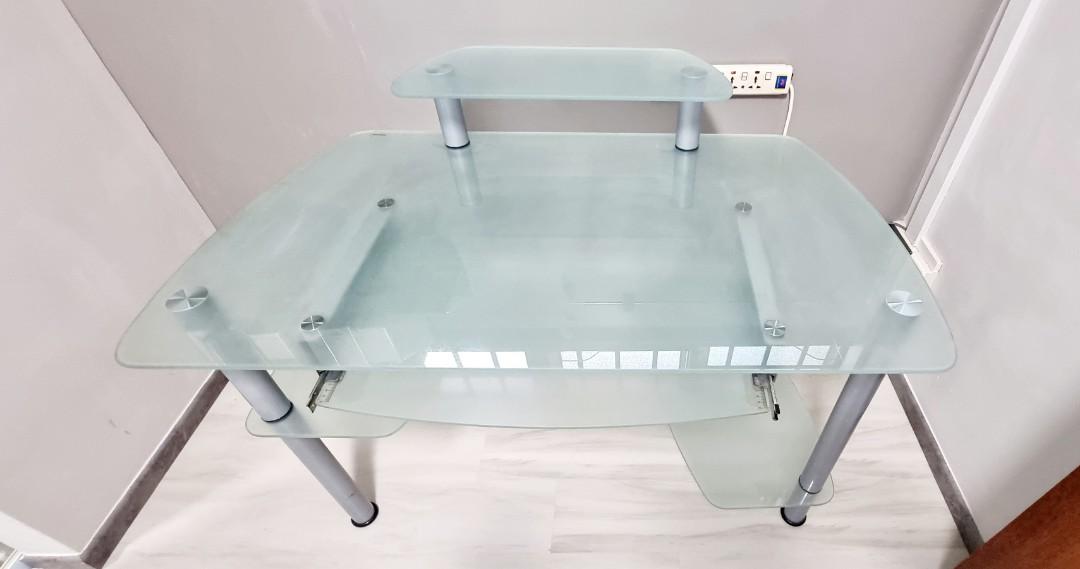 Computer desk table glass frosted study, Furniture & Home Living