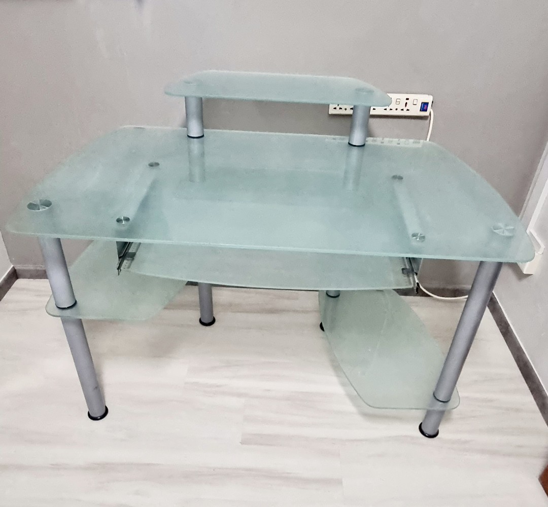 Computer desk table glass frosted study, Furniture & Home Living