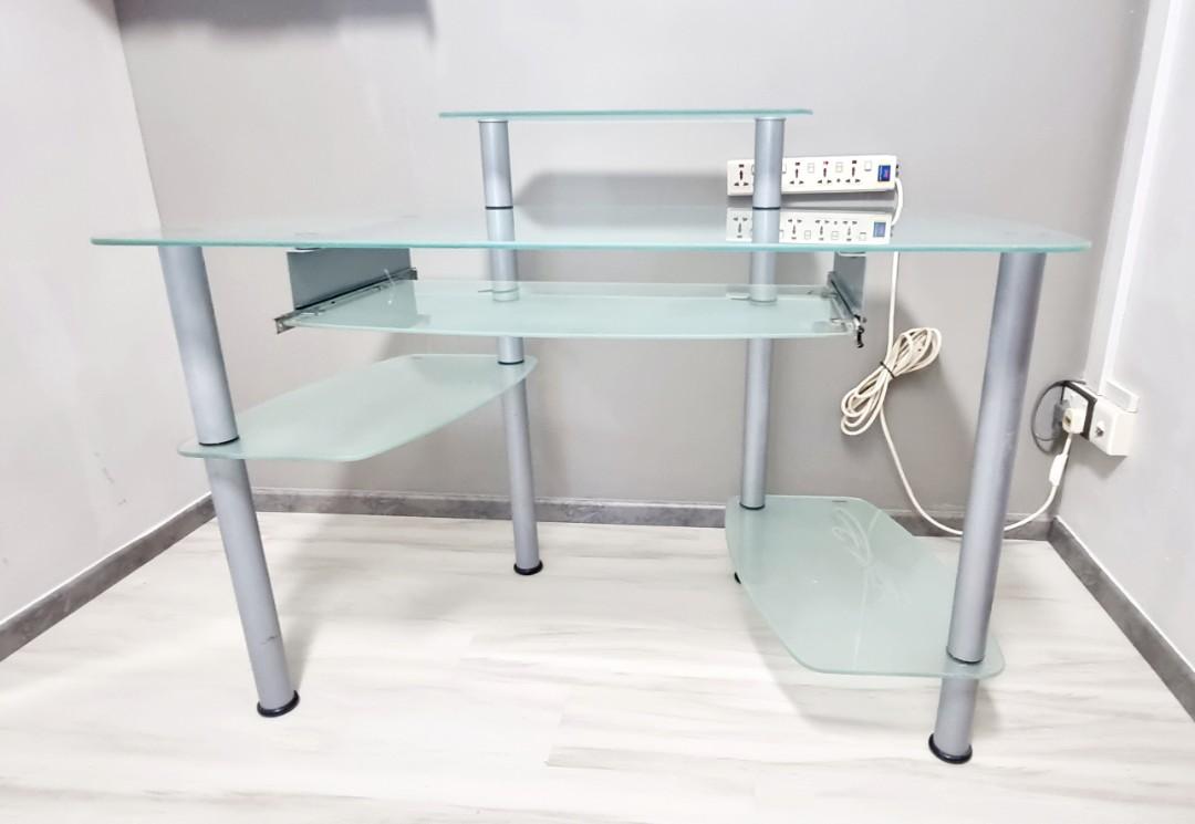 Computer desk table glass frosted study, Furniture & Home Living