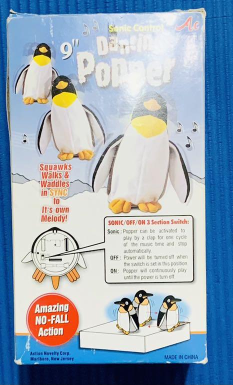 Dancing Popper Penguin (No Fall) (Category: Interactive Toys) located in Quezon City. Submitted by chosenjuan05 (Listing ID 1148539790, Image 3). Description: ****RUSH SALE SALE SALE RUSH**** Dancing Popper Penguin (No Fall) 9262A Dancing Popper. 9" battery operated, sound activated penguin that talks, walks & waddles on tables and counters without falling off the edge! Requires 3 "AA" batteries. Box size: 4.25"Wx9.25"Hx4.25"D. Case pack: 24 pcs.