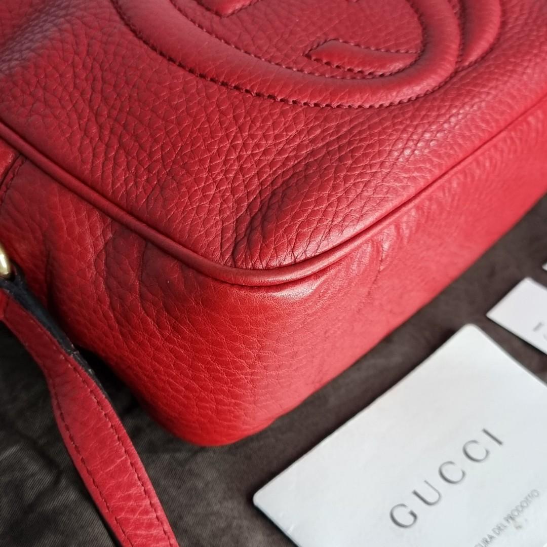 Gucci Soho Disco Red Crossbody Bag - Small (Category: Luxury Bags & Wallets) located in Valenzuela. Submitted by _moca01 (Listing ID 1148595964, Image 2). Description: FOR SALE ‼️ Soho Disco Red Crossbody Bag - Small -USED, but still in good condition. Very presentable and ready to use. -Retails around $1,190 -Issue: Normal signs of usage and creases, some light scratches on metal hardwares, softening on some part of the leather strap, but still 
