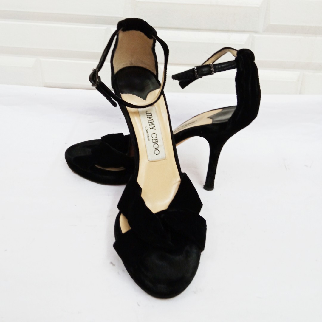 Jimmy Choo Macy black velvet stiletto heel sandals with ankle