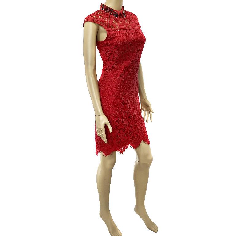Karen Millen Red Beaded Collar Lace Dress Women s Fashion