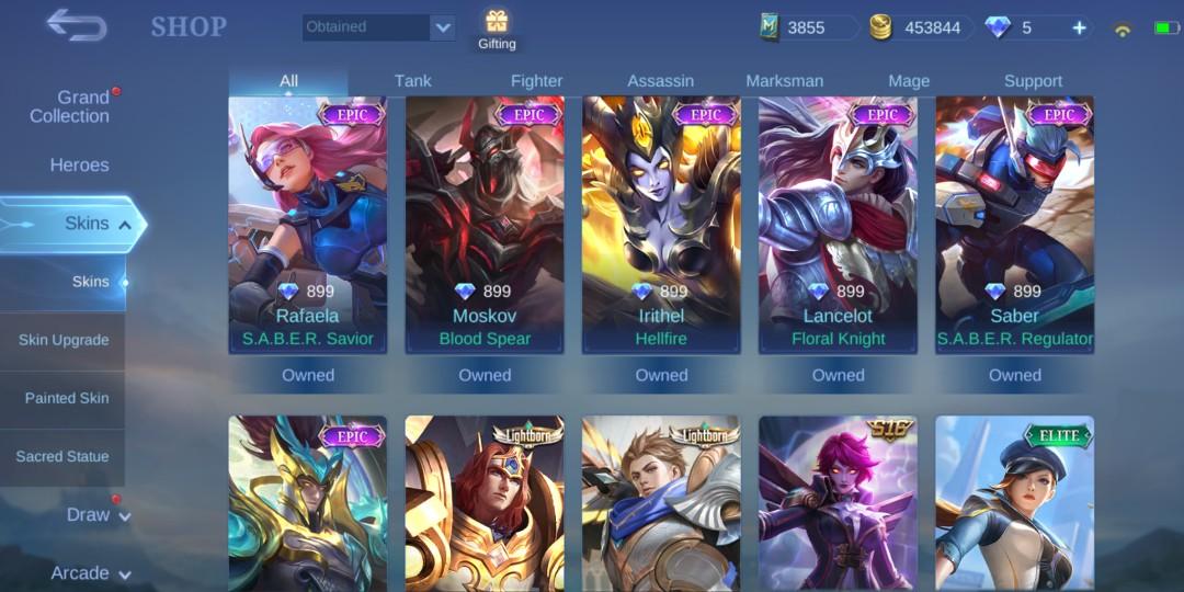 Ml Account (Category: Everything Else Others) located in Mandaluyong City. Submitted by zion_cepheroe (Listing ID 1148631935, Image 2). Description: 107 skins 1 hero skin - Lancelot 6 epic 2 lightborn and many more....