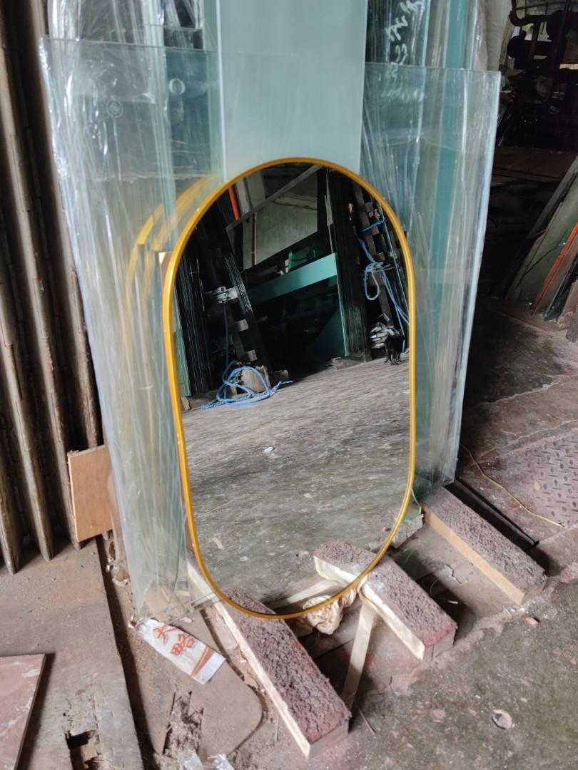 Oval mirror with frame (Category: Mirrors) located in Malabon City. Submitted by mirrors.ph (Listing ID 1148484854, Image 3). Description: Oval mirror with gold aluminum frame and plywood backing. Using 6mm thick copper free lead free mirror. Size: 1.5ft x 2.5ft P1012.50 Add P200 if with back hook. Available colors gold, glossy black, matte black, white and silver aluminum frame Customize sizes and shapes are welcome..