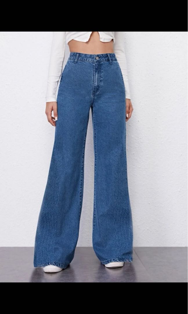 shein baggy dark wash wide leg jeans, Women's Fashion, Bottoms, Jeans \u0026  Leggings on Carousell