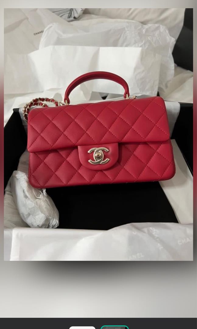 Chanel mini flap with top handle Red, Women's Fashion, Bags