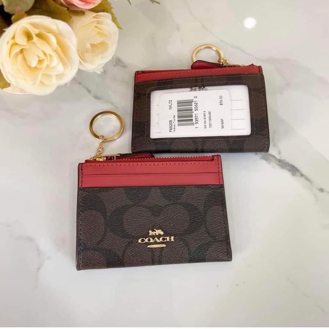 Coach Cardholder in Signature Darkbrown / Red, Women's Fashion, Bags