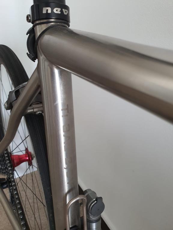 For Sale : Italy handmade Titanium road bike (Category: Parts & Accessories) located in Singapore. Submitted by tzemeng (Listing ID 1148721804, Image 3). Description: Titanium road bike Brand : Nevi Model : Stelvio Material : Ti 3AL / 2.5V Size : rider is 180cm tall Thomson carbon handlebar Thomson stem Titanium seat post Saddle (optional) Sram eTap Red 11-speed with New batteries (brake levers, front and rear derailleurs) Shimano Ultegra rim bra