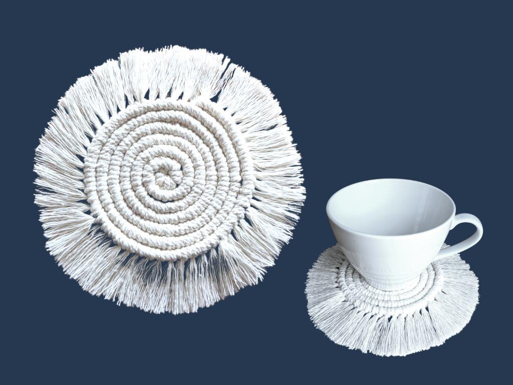 Macrame Coasters (Category: Coffee & Tea Tableware) located in Singapore. Submitted by ashtaflow (Listing ID 1148795598, Image 1). Description: This beautiful macrame coaster will be a great addition for your home, or a birthday / housewarming gift. It's perfect for drinks, candles and smaller plants, or just to display as a cute decoration! Colors: - Ecru White - Honey Mustard - Emerald Green - Sky Blue - Periwinkle Purple - Ash Gray - Red Berry