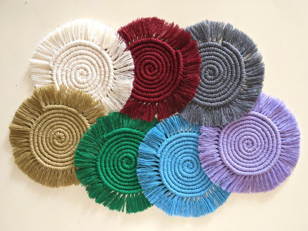 Macrame Coasters (Category: Coffee & Tea Tableware) located in Singapore. Submitted by ashtaflow (Listing ID 1148795598, Image 3). Description: This beautiful macrame coaster will be a great addition for your home, or a birthday / housewarming gift. It's perfect for drinks, candles and smaller plants, or just to display as a cute decoration! Colors: - Ecru White - Honey Mustard - Emerald Green - Sky Blue - Periwinkle Purple - Ash Gray - Red Berry