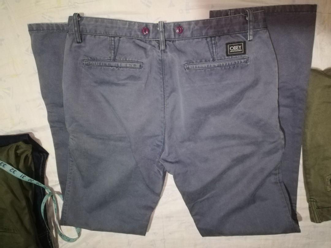 Obey Propaganda Grey Chino pants for men (Category: Chinos) located in Balanga. Submitted by jemonixx (Listing ID 1148767260, Image 1). Description: OBEY Propaganda Chino Pants for Men size 30 see pics for measurements with minor issue on thigh part a small scratch( note yung sa laylayan pawis yun tumulo).