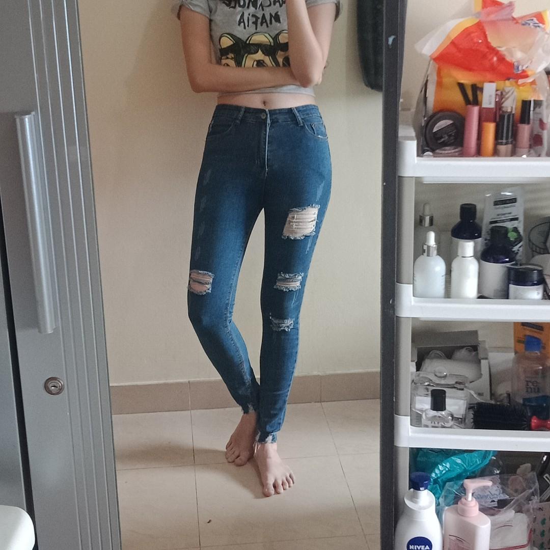 Mid Waist Ripped Skinny Jeans, Fesyen 