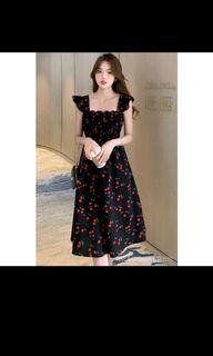 Ruffle Sleeve Cherry Midi Dress