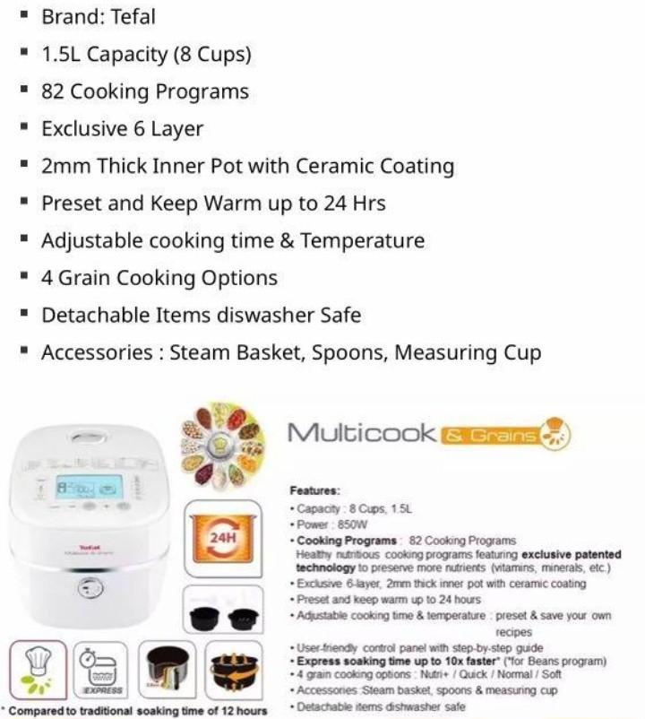 Tefal Multicook and Grain Rice Cooker RK9001, TV & Home Appliances
