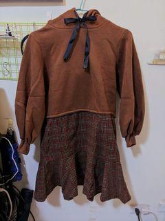 日系咖啡格紋魚尾裙長袖洋裝