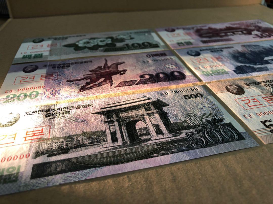 經典絕版世界錢幣系列）平壤政府北韓人民銀行2008年首發字冠0000000 韓元原裝6色紙幣樣鈔100、200、500、1000、2000、5000  韓圓全套共6款強勁凹凸紋雪白無黃保證到級UNC品相