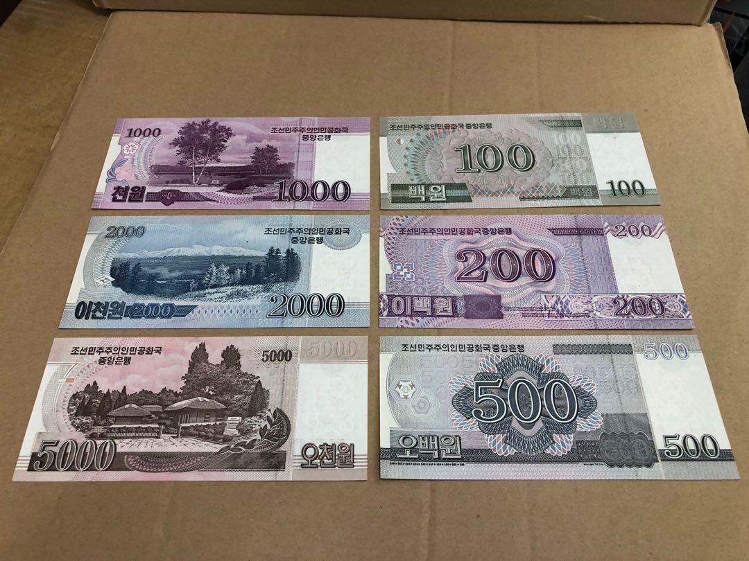 經典絕版世界錢幣系列）平壤政府北韓人民銀行2008年首發字冠0000000 韓元原裝6色紙幣樣鈔100、200、500、1000、2000、5000  韓圓全套共6款強勁凹凸紋雪白無黃保證到級UNC品相