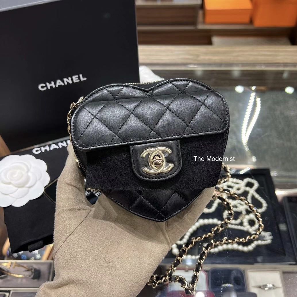 Authentic Chanel Heart Bag with Chain Black Lambskin Small, Luxury